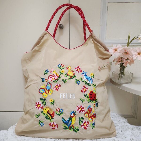 花柄 アヒル 刺繍バッグ エコバッグ ◆ベージュ◆トートバック【新品・未使用】
