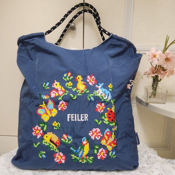 花柄 アヒル 刺繍バッグ エコバッグ ◆ブルー◆トートバック【新品・未使用】