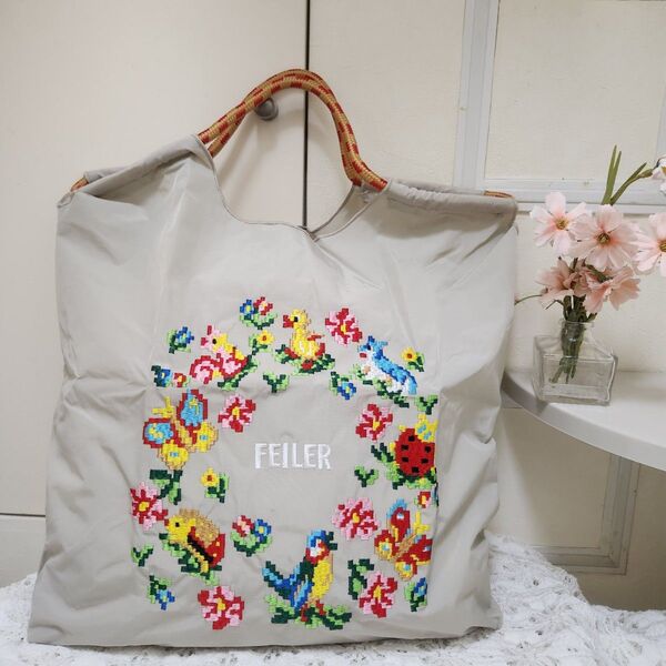 花柄 アヒル 刺繍バッグ エコバッグ ◆ライトグレー◆トートバック【新品・未使用】