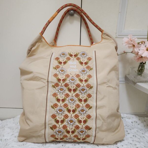 花柄 刺繍バッグ エコバッグ 上品◆ベージュ◆トートバック【新品・未使用】