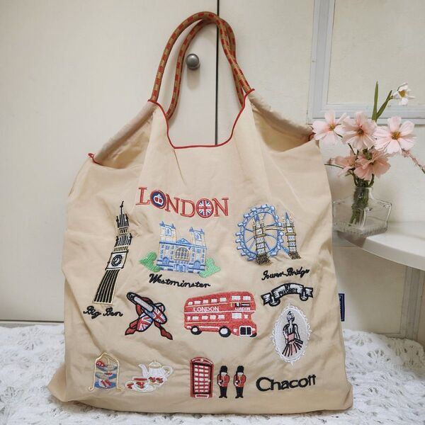 刺繍バッグ エコバッグ ロンドン バス ◆ベージュ◆トートバック【新品・未使用】