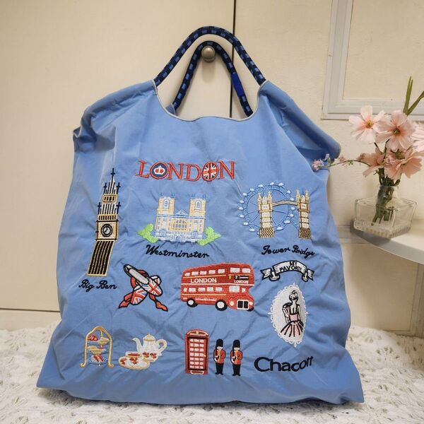 刺繍バッグ エコバッグ ロンドン バス ◆水色◆トートバック【新品・未使用】