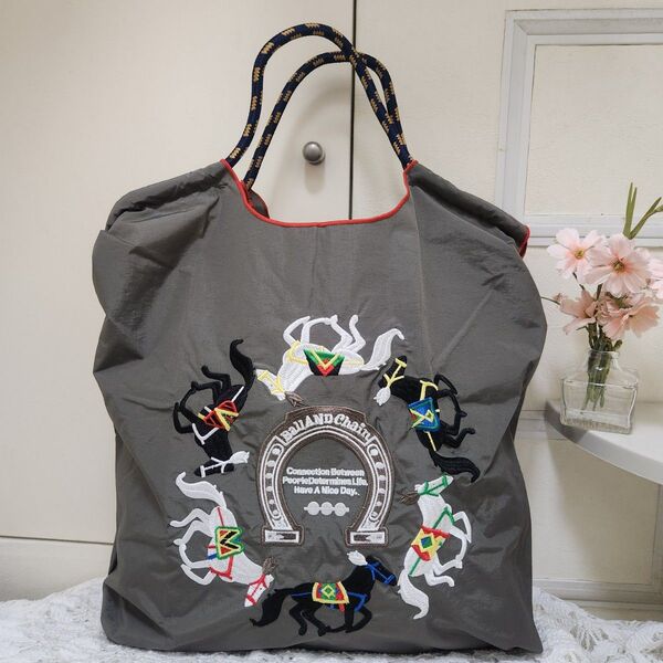 本日限定価格◆刺繍バッグ エコバッグ 馬◆グレー◆トートバック【新品・未使用】