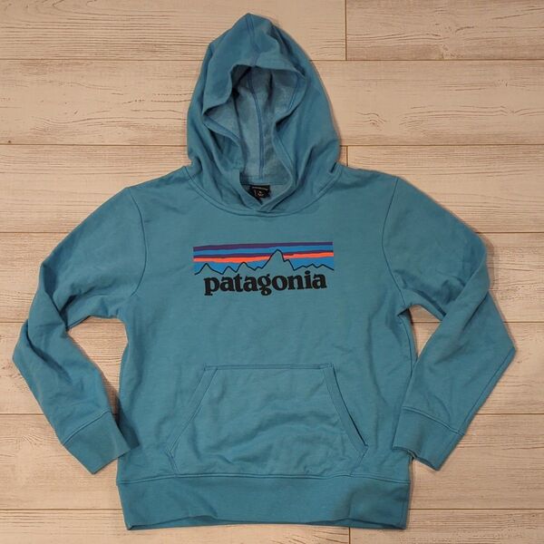 patagonia パーカー ライトブルー ロゴ入り