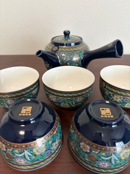 【未使用】美濃焼 庫山窯 前畑陶器 華宮 茶器セット 急須 湯呑み5個 昭和レトロ 茶器