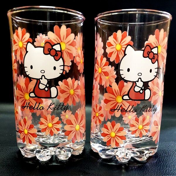 キティ 2007年製 グラス 佐々木ガラス 底花加工 ペアセット コップ 食器 レア 花柄