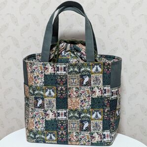 レトログレーと動物 巾着 スクエアトートバッグ 大 ハンドメイド