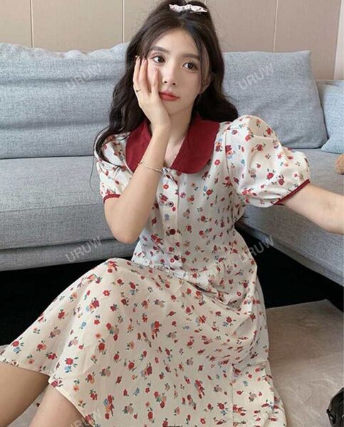 SHEIN オールオーバー花柄 コントラストカラー パフスリーブ ワンピース