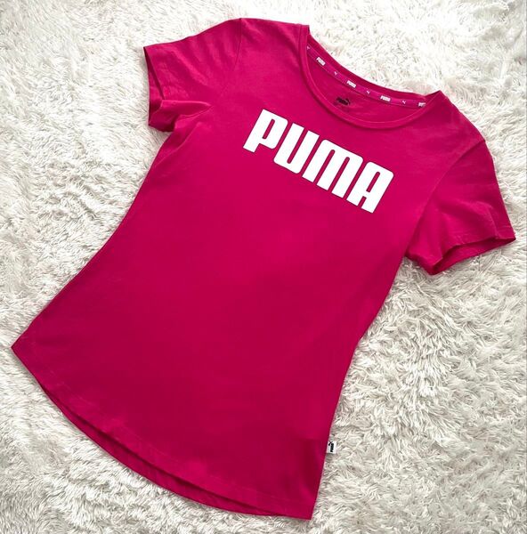 良品 PUMA プーマ 半袖コットン ロゴTシャツ ピンクSサイズ 半袖Tシャツ クルーネック トップス