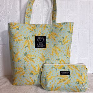 ENshop♪さま専用 大きなトートバッグ&ぷっくりポーチ ミモザシャワー ミントグリーン 持ち手ロング マグネットホック付き