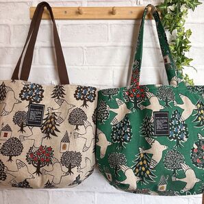Rain Treeさま専用 BIGサイズぷっくりトートバッグ りんごの木と鳥 きなり&グリーン 持ち手ロング マザーズバッグ