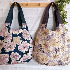 cry…様専用 大きめぷっくりバルーンショルダーバッグ 柄2点 イングリッシュフラワー パープル、ネイビー ハンドメイド
