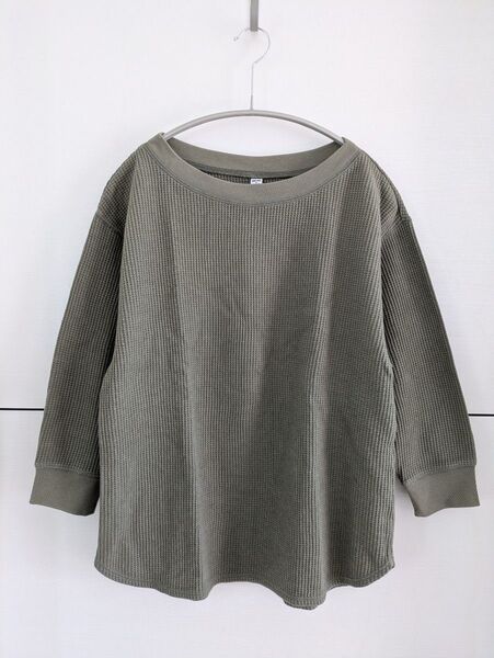 【UNIQLO】ユニクロ 七分袖ワッフルクルーネックTシャツ カットソー M モスグリーン カーキ