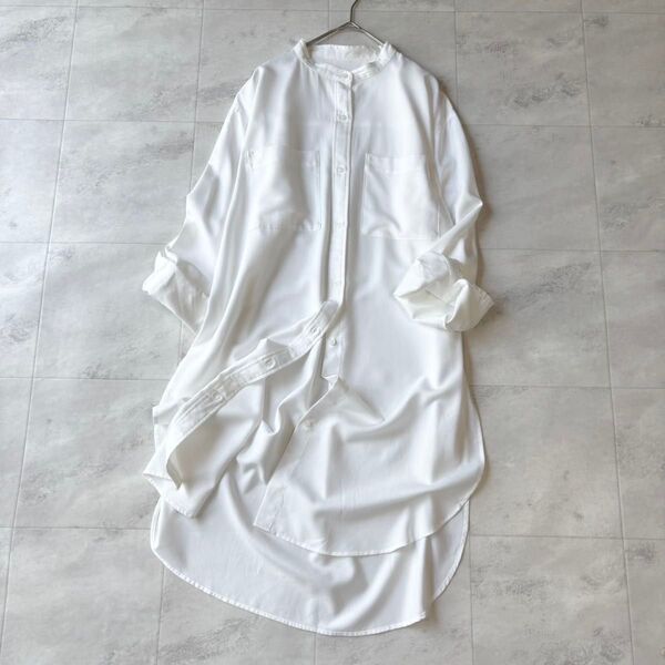 PLST バンドカラーシャツワンピース 羽織 ロングシャツ レーヨン混