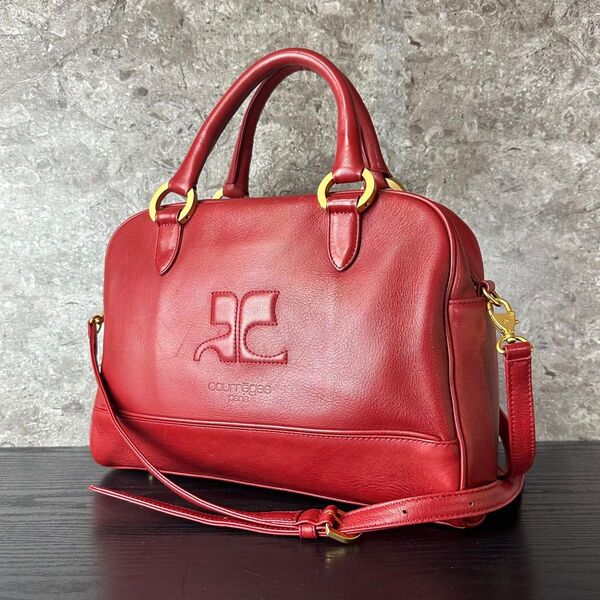 美品 courreges クレージュ レザー 2way ショルダーバッグ ボストンバッグ ハンドバッグ 赤レッド ヴィンテージ