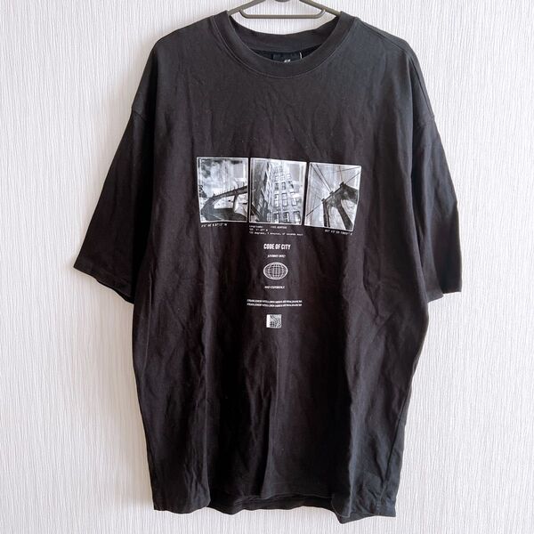 Tシャツ メンズ M S ロゴ プリント シンプル ブラック 丈長 半袖