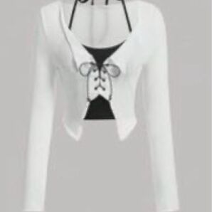 SHEIN MOD レースアップフロント フレアヘム クロップシャツ トップス 長袖 ホワイト