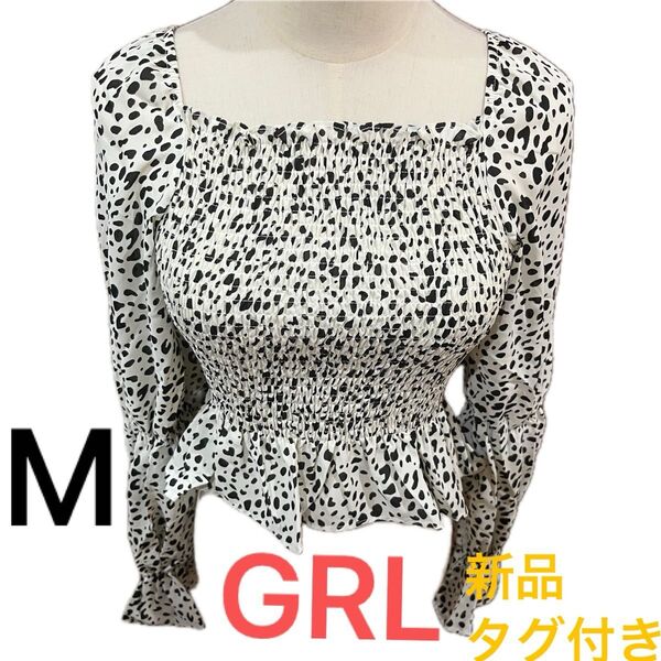【新品タグ付き】GRL ダルメシアン柄ショートブラウス M トップス ホワイト 白 フリル 柄シャツ ゴム 長袖 グレイル