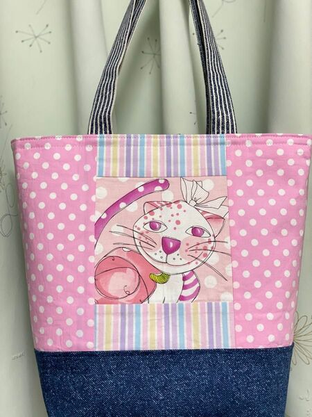 ロラライハリス可愛い猫ちゃんデニム風パッチワークトートバッグハンドめメイド5263