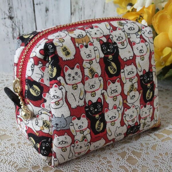 60 コットンこばやし 猫柄 ポーチ 台形ポーチ ハンドメイド