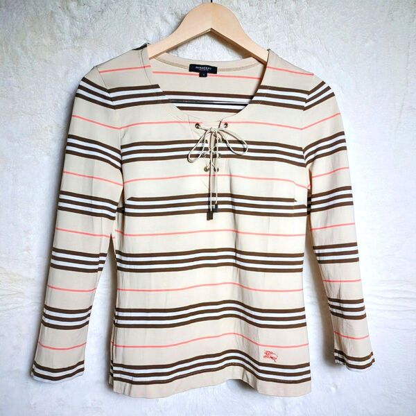 美品 バーバリーロンドン BURBERRY LONDON 定番 ノバチェック ボーダー 長袖 トップス レースアップ ロゴ刺繍 M