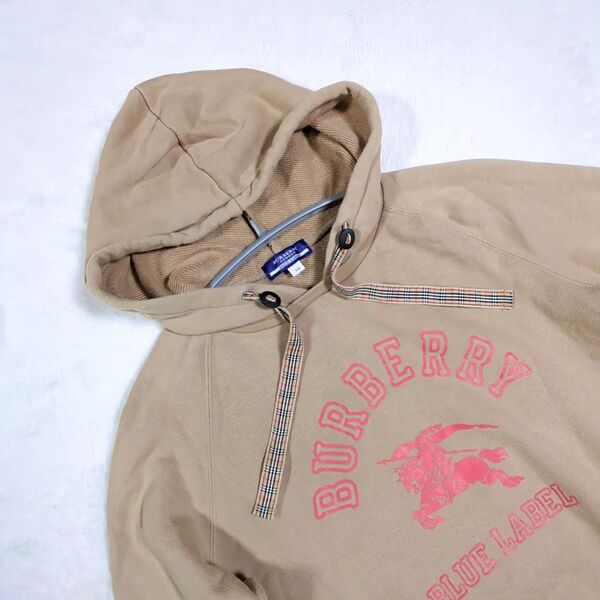 BURBERRY BLUE LABEL パーカー フード付 シャドーホース ビッグロゴ ノバチェック紐 ベージュ 綿 三陽商会