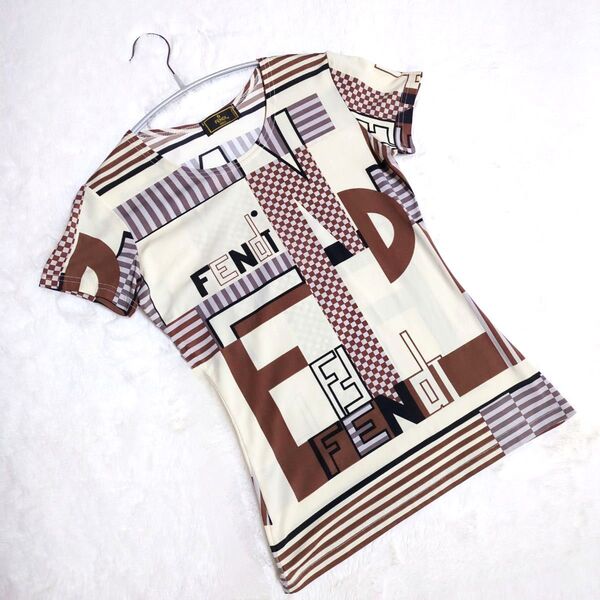 希少 美品★FENDI フェンディ ズッカ 総柄 Tシャツ 半袖 ハーフスリーブ ロゴTシャツ トップスプルオーバー イタリア製