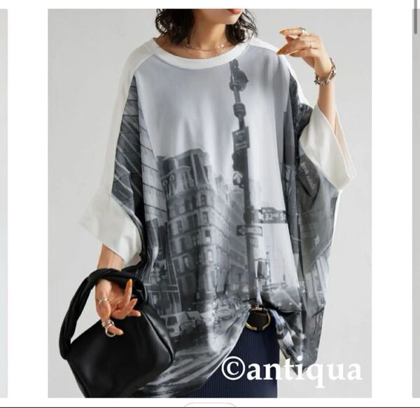 アンティカ トップス Tシャツ 未使用 ニュアンス柄 ロンドン写真 ゆったり シンプルプルオーバー 透け感 メッシュ カットソー