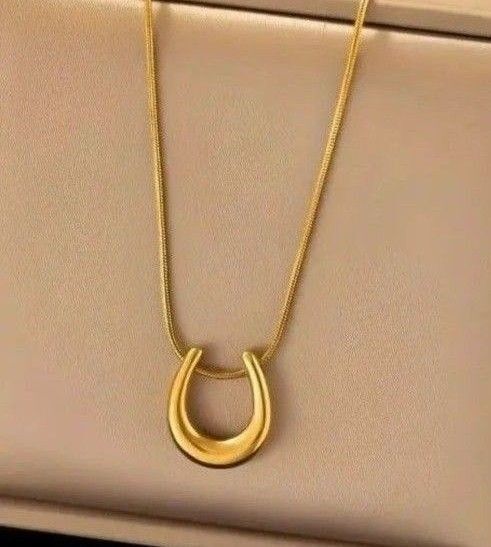 【新品未使用】ホースシュー 馬蹄ネックレス スネークチェーン サージカルステンレス製 金属アレルギー対応 ゴールド系