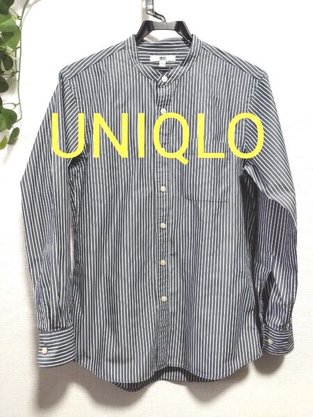 UNIQLO バンドカラーシャツ ストライプ Sサイズ メンズ グレー系 長袖