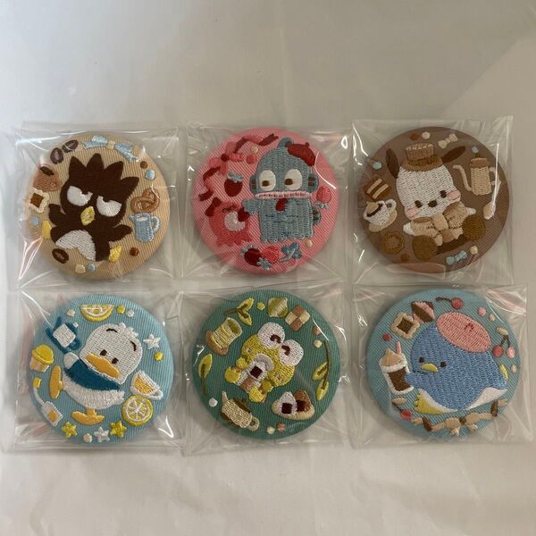 サンリオ はぴだんぶい ポチャッコ バツ丸 ハンギョドン あひるのペックル サム けろけろけろっぴ 刺繍缶バッチ ビスケット3