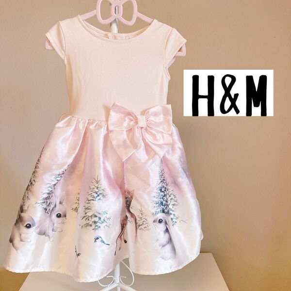 H&M キッズ ノースリーブワンピース ピンク ウサギ シカ柄 ドレス 98