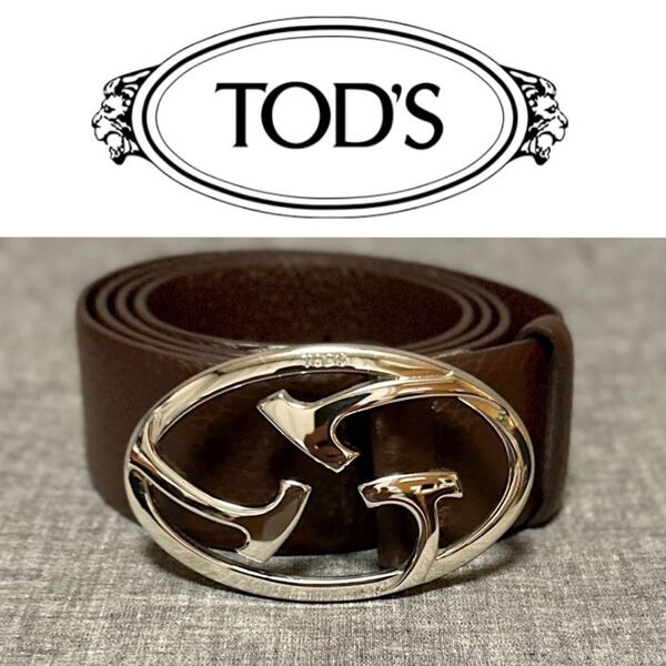 TOD’S トッズ ベルト メンズ 紳士 ブラウン 本革 レザー 茶色 シボ革 牛革 シルバー ITALY ロゴ 美品 ケース付き