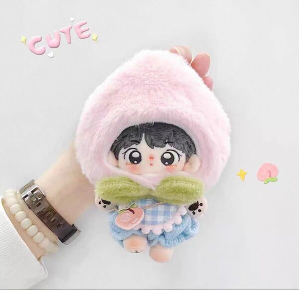 【桃15cm】4点セット ポシェット付き スタイ 被り物 ズボン 推しぬい ぬい服 ぬいぐるみ ぬい活 推し活 ちびぬい