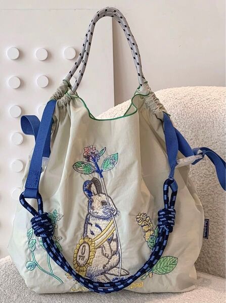 【刺繍 エコバッグ + 青ストラップ付き】トートバッグサイズM