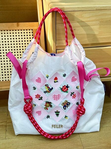 【刺繍 エコバッグ + ピンクストラップ付き】トートバッグサイズM