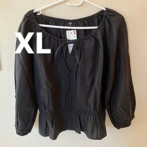 未使用品 ユニクロエンブロイダリーブラウス 七分丈 ブラック 綿100% XL