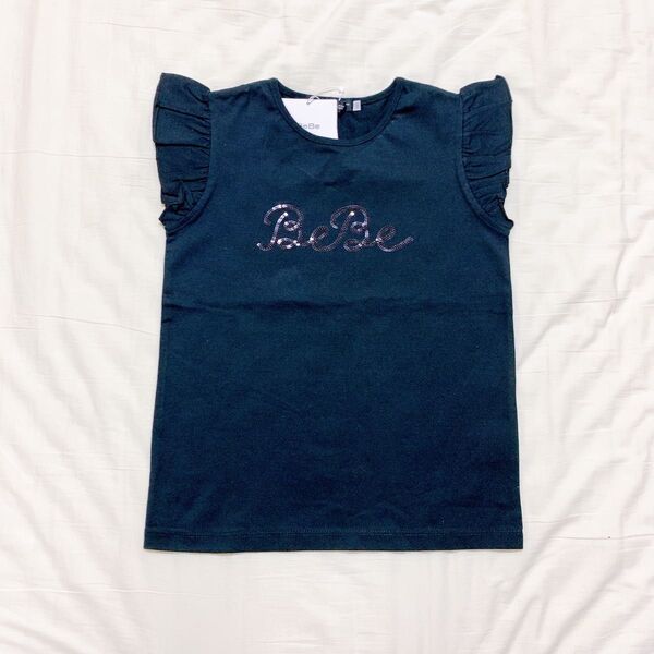 未使用 BeBe べべ スパンコールロゴ フリル袖 Tシャツ 140 黒