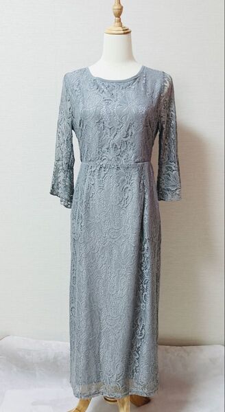 LACE LADIES 総レースフレアワンピース グレー 結婚式 謝恩会