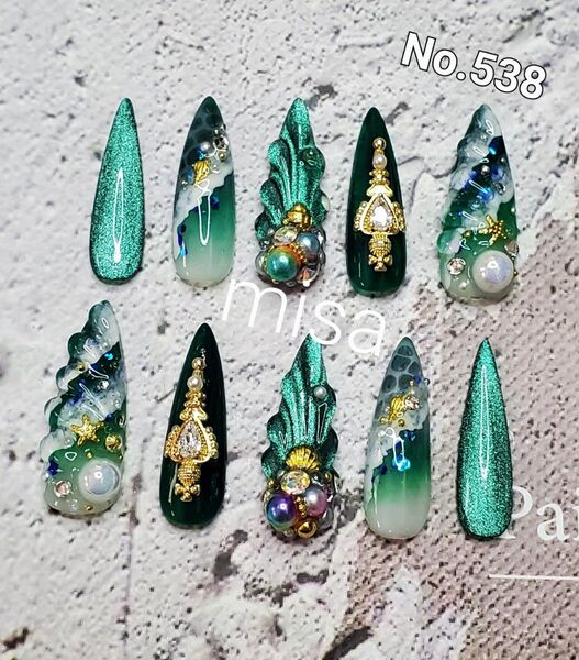 【オーダー】マグネットネイル 人魚の鱗 海 夏 ビジュー ネイルチップ ジェルネイル カラー変更無料