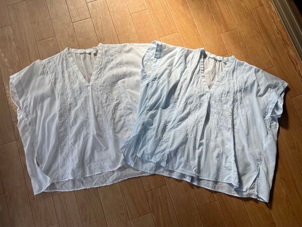 Uniqlo 2点セット ホワイト 水色 トップス カットソー 刺繍 Mサイズ