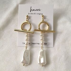 #376 樹脂スクエアパール スワロパール3連 マンテルピアス/イヤリング変更可 ハンドメイド