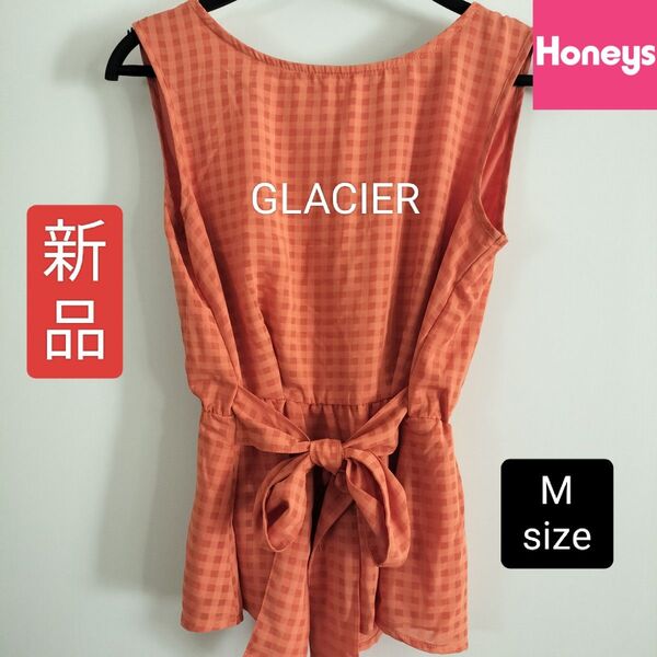 【新品未使用】Honeys GLACIER ペプラムトップス ノースリーブ タンクトップ ギンガムチェック オレンジ Mサイズ春夏