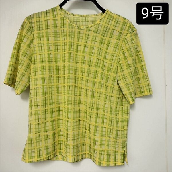 レディース チェック柄トップス 9号 イエロー系 半袖Tシャツ カットソー 春夏