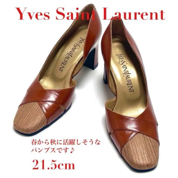 日本製 YSL イヴサンローラン イブサンローラン スクエアトゥ パンプス リーガル製 靴 チャンキーヒール レディース 21.5