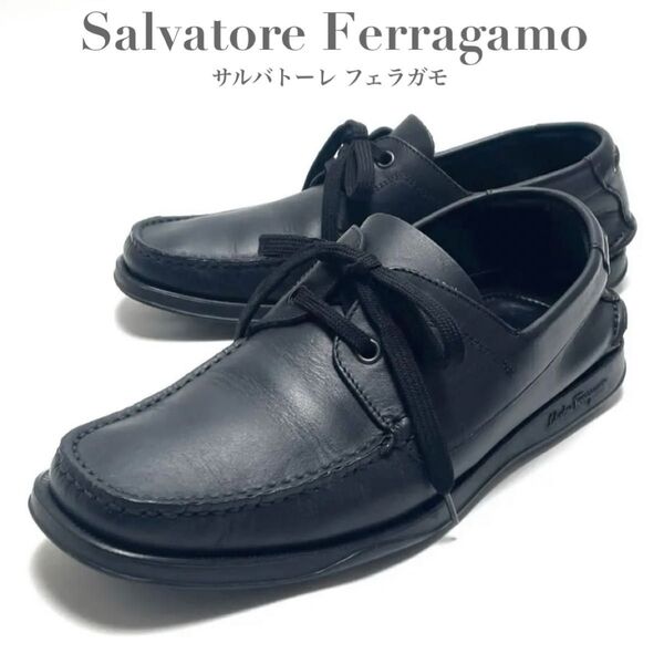 Ferragamo フェラガモ 本革 レザー デッキシューズ 靴 チロリアン モカシン レースアップ ブラック 黒 メンズ