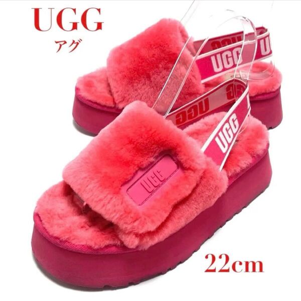 UGG アグ 厚底 プラットホーム ムートン ファー サンダル ディスコ スライド ピンク ストラップ ロゴ ブランド レディース