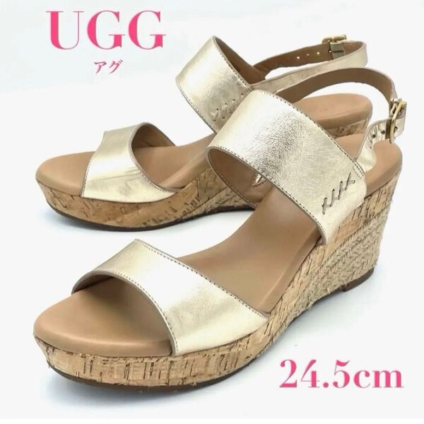 UGG アグ エレナ メタリック ウェッジ サンダル ゴールド 厚底 ストラップ レディース ロゴ ブランド 靴 24.5cm