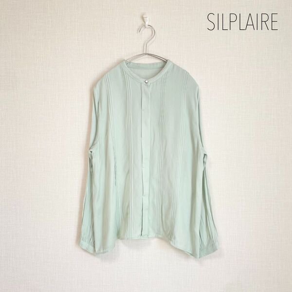 SILPLAIRE バンドカラー前開きブラウス とろみブラウス グリーン系 M 長袖