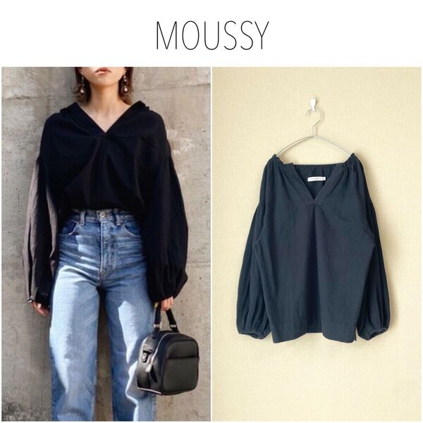 MOUSSY ギャザースキッパーネックブラウス ボリューム袖 ゆったり 黒